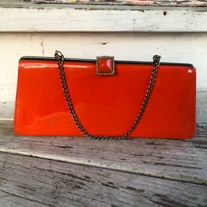 Bright Orange Patent Clutch with Chain Strap
